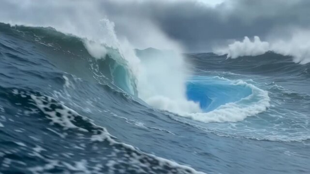 Powerful ocean waves form a swirling vortex as lightning strikes the water, then surge into a breaking wave during a dramatic storm at sea