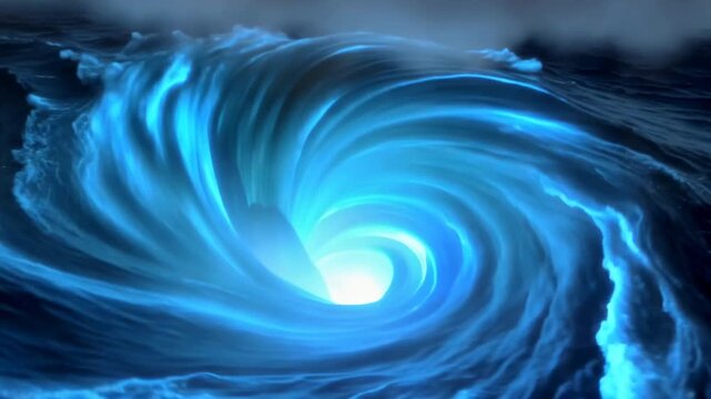 Glowing blue ocean whirlpool intensifies beneath moonlit storm clouds as golden sunlight breaks through, creating dramatic luminous waves in a surreal seascape animation