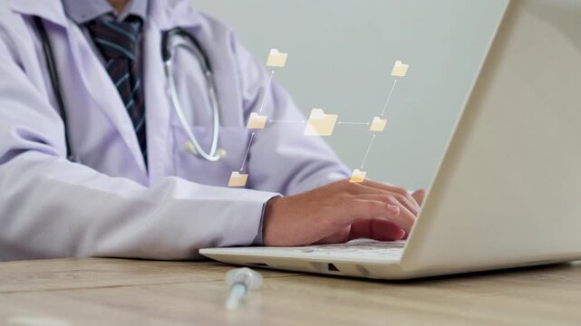 Doctor managing central folder network with floating central folder hierarchy and media graphics