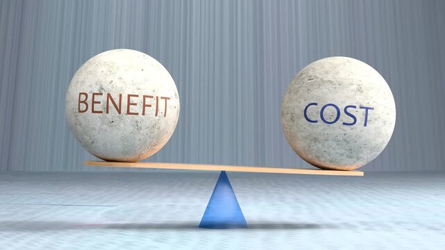 Benefit and cost balance - stones on a scale weigh benefit against cost. Cost benefit analysis made visual: a smart business decision where benefit and cost are equal.