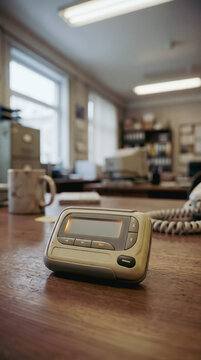 Vintage pager on a wooden office desk