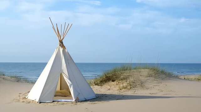 White teepee tent stands on a sandy beach beside coastal dunes and ocean water. Travel promotion, camping equipment advertising, and coastal tourism campaigns.