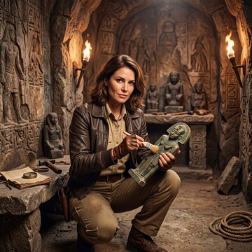 Female Archaeologist Examining Ancient Artifact in Cave.