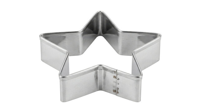 Metallic star-shaped holiday cookie cutter with clean polished edges and a classic festive silhouette, professional baking accessory, photorealistic. Slight overhead product view, tack-sharp focus,