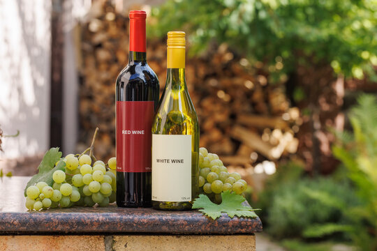 Red and White Wine with Grapes on a Garden Ledge
