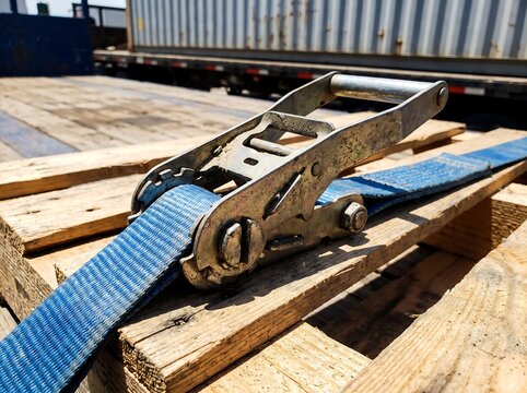 Industrial logistics concept: Close-up of a blue ratchet tie-down strap securing cargo on a wooden pallet. Truck and shipping container in the background.