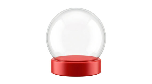 Empty snow globe, photorealistic clear glass snow globe with a smooth red base and pristine empty interior, minimalist spherical form and refined finish, straight-on front view, tack-sharp focus,