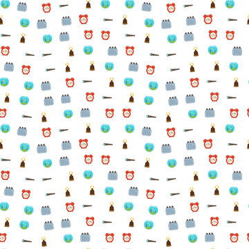 Seamless pattern of alarm clocks, bells, fishbowls, transformers
