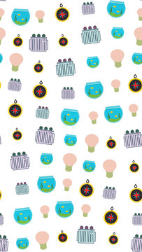 Seamless pattern of fishbowls, lightbulbs, transformers, and compasses