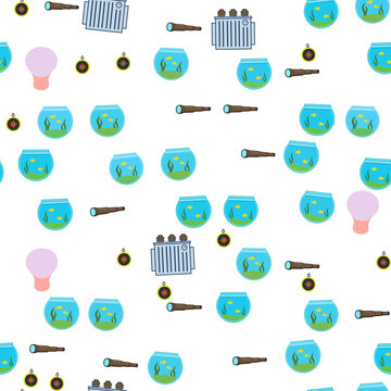 Seamless pattern of fishbowls, telescopes, transformers, and compasses