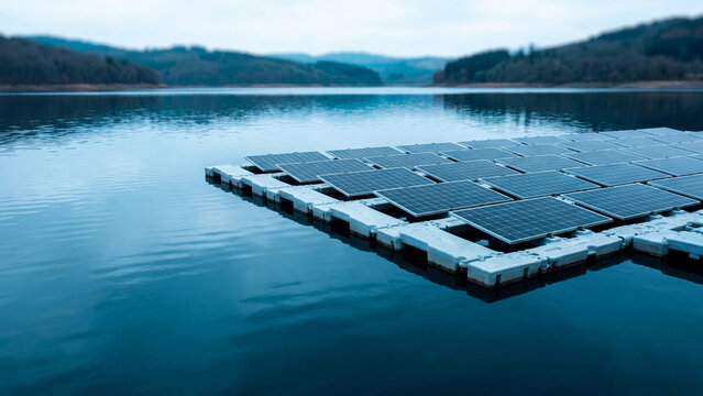 Floating solar panel platform with plastic pontoon on calm blue lake, floating photovoltaic module on reservoir water for renewable energy and clean power with copy space