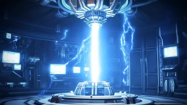 Energy reactor chamber emits a pulsing beam inside a futuristic laboratory. Energy technology presentations, science education, and engineering marketing.