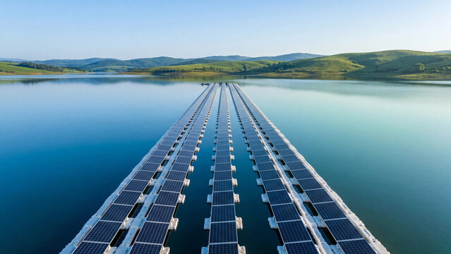 Rows of floating solar panel leading across calm lake toward green hill, symmetrical floating photovoltaic system on water for renewable energy and sustainable power