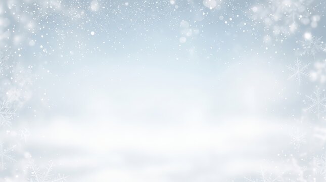 A serene and magical christmas background featuring soft, falling snowflakes and sparkling bokeh lights on a cool blue gradient, creating a festive winter wonderland scene with ample copy space.