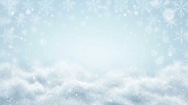 Christmas blue background with snow features falling snowflakes, sparkling snowdrifts, and soft bokeh lights, creating a serene winter scene.