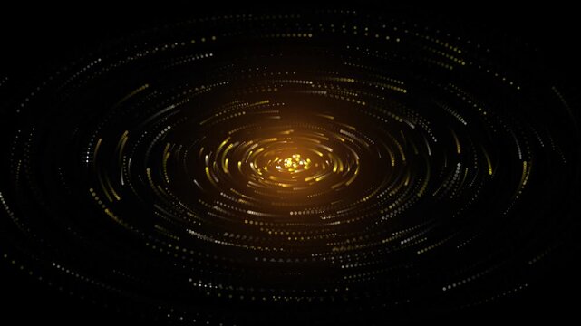 Abstract golden particle vortex spinning in circular motion on black background creating glowing cinematic space spiral.