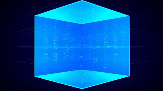 Glowing digital cube floating in a dark virtual grid with flickering blue light patterns. Technology presentations, software promotional media, and cybersecurity projects.