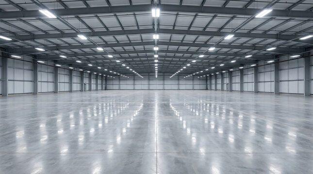 A large, empty industrial warehouse with polished concrete floors and a high ceiling featuring metal beams and bright overhead lighting.