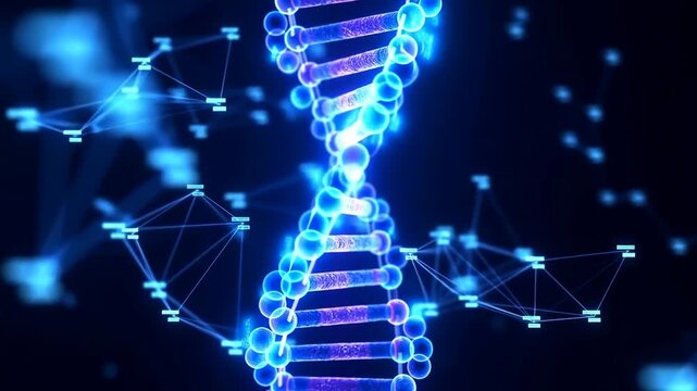 Rotating DNA double helix glows within a dark digital network field. Biotechnology presentations, medical research media, and genetics education.