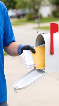 Mailman placing letters and padded bubble mailer envelope into residential white mailbox, postal carrier delivering mail outside suburban house, post office service supply concept