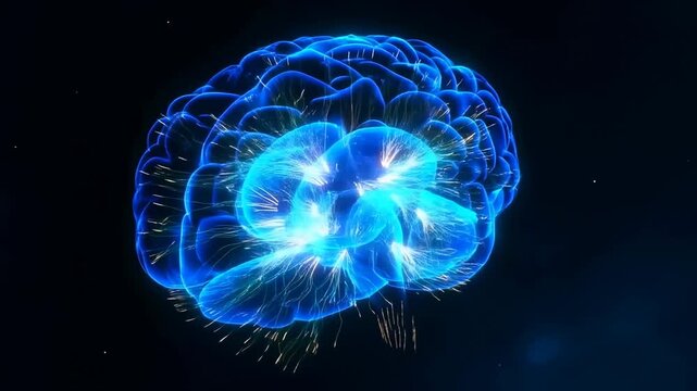 Glowing human brain rotates in dark space as neural pathways pulse with blue light. Neuroscience education, medical research presentation, and artificial intelligence advertising.