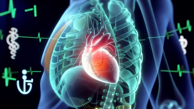 Animated medical visualization zooms from isolated heart to glowing human chest anatomy with rib cage, spine, arteries, and electrocardiogram lines on dark background