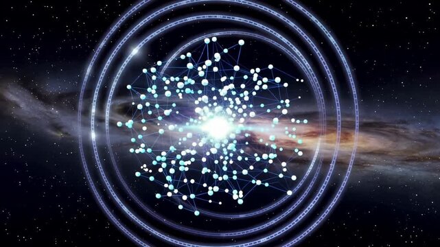 Glowing network of connected points rotating around a bright central light within concentric rings against a star filled galaxy background, abstract digital space animation