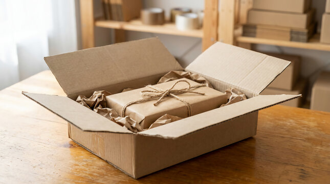 A cardboard box is open on a wooden table, containing a neatly wrapped package tied with string, surrounded by brown packing paper.