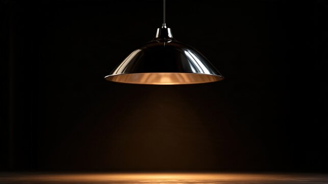 Suspension m&eacute;tallique diffusant une lumi&egrave;re chaude dans une pi&egrave;ce sombre et minimaliste