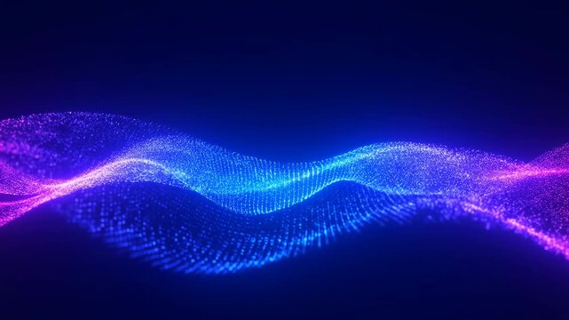 Flowing particle waves undulate through a dark digital field. Technology presentations, digital transformation media, and science and innovation projects.