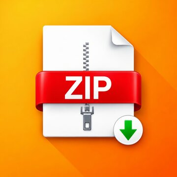 Zip file folder icon with green download arrow on vibrant orange background