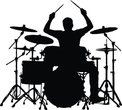 Black Silhouette of Drummer Performing Behind Drum Kit on White