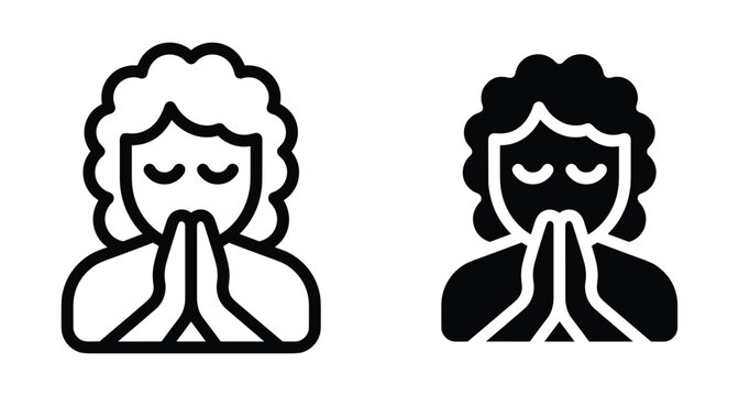 Person praying with hands together in gratitude and meditation icon set featuring outline and solid glyph style vector graphics