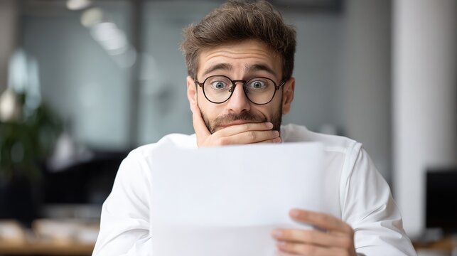 Businessman sitting at desk, concerned expression while holding document with trade tariff details, office setting, professional atmosphere, corporate environment.