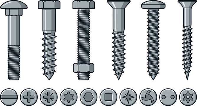 Industrial metallic screw bolt and thread icon set with different driver head types isolated vector illustration