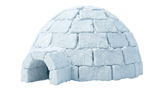 Igloo, photorealistic dome-shaped snow shelter built from precisely arranged compact snow blocks, rounded entrance and authentic icy texture, classic winter structure, front three-quarter view, sharp