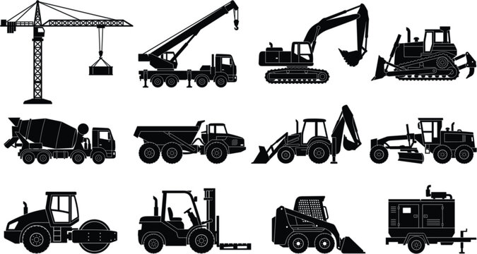 Heavy construction machinery silhouettes set with tower crane excavator bulldozer dump truck forklift and roller isolated vector illustration