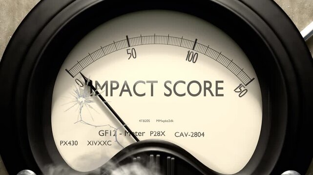 Impact score meter showing low levels of impact score. Minimum and decreasing impact score value, below the norm. Lack of impact score. None of it, insufficient.