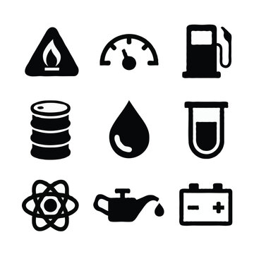 Black Silhouette Icons Set of Automotive, Fuel, and Energy Symbols