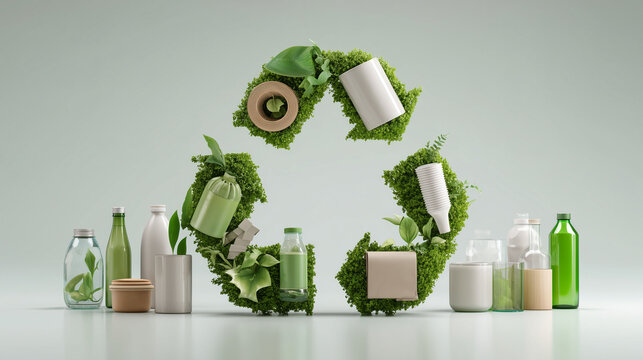 Circular economy concept with recycling symbol made of green leaves and sustainable materials.