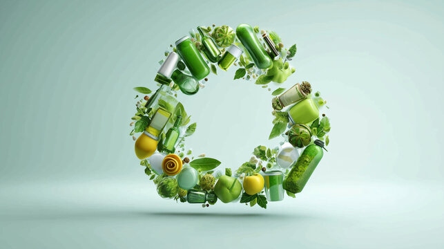 Circular economy concept with recycling symbol made of green leaves and sustainable packaging