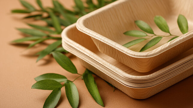 Biodegradable takeout container with fresh green mint leaves on wooden surface for eco-friendly packaging
