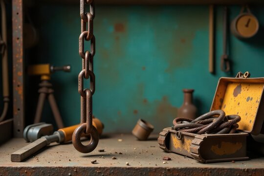Rusty chain hangs over aged workbench with tools and weathered metal box