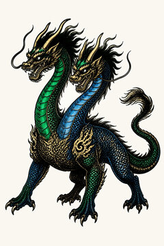Two headed green and blue mythical dragon ornamental illustration