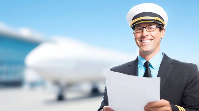Pilot in uniform smiling near airplane, holding flight itinerary, clear blue sky, professional aviation concept, travel and aviation industry