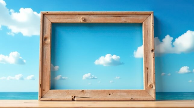 A rustic wooden frame showcases a serene seascape with fluffy clouds and a vibrant blue sky, inviting viewers to envision tranquil summer days and peaceful moments
