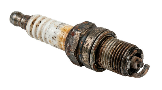 Used metal spark plug with worn threaded body, white ceramic insulator and realistic combustion discoloration around the electrode, photorealistic automotive component, close three-quarter view,