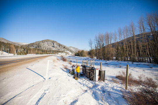 Rollover truck accident on the Coquihalla Highway, B.C. Canada