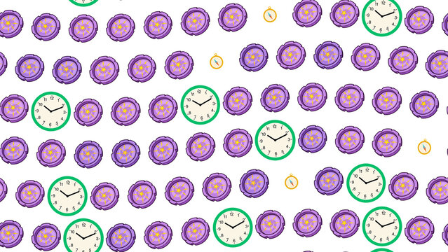 Pattern of purple gears, analog clocks, and compasses