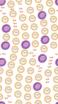 Seamless pattern of analog clocks and decorative lights